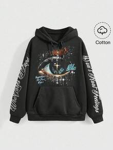 ROMWE Grunge Punk Punk Eye Glitter Music Festival Slogan Loose Fit Black Print Sweatshirt For Women