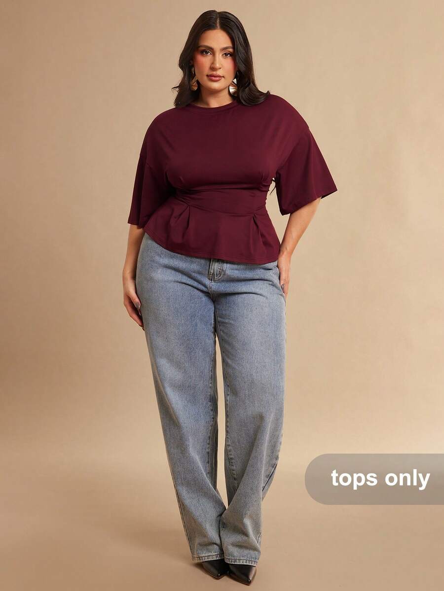 SHEIN BAE 大码女式酒红色短袖收腰上衣 - 酒紅色 - 查看 1