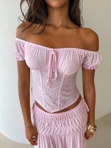 Aloruh Women's Valentine's Day Solid Pink Lace Contrast Mesh Off-Shoulder Petal Sleeve Ruched Hem Top - Baby Pink - View 3