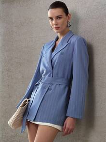 MOTF PREMIUM WOMEN'S LOOSE FIT STRIPED LONG SLEEVE TRENCH COAT WITH BELT, SPRING/SUMMER - Blue - View 2