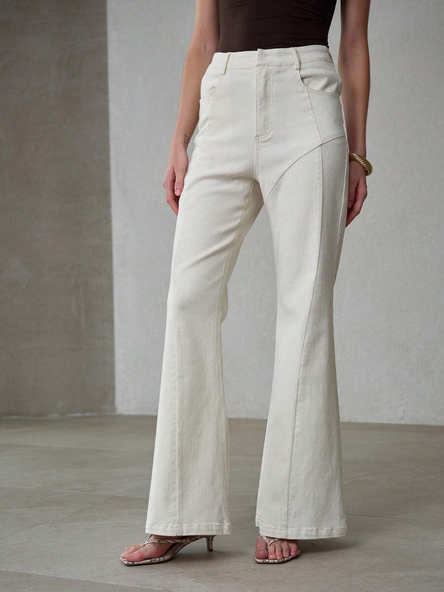 MOTF PREMIUM WOMEN'S COTTON STRUCTURED LINE DESIGN FLARE WIDE LEG JEANS, SPRING/SUMMER - Apricot - View 1