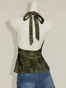 SHEIN ICON 女式花卉印花露背深 V 领收腰 A 字形露背吊带背心 - 軍綠色 - 查看 2