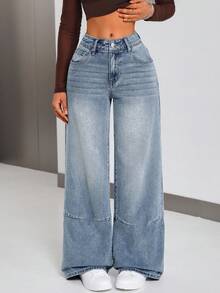 SHEIN ICON Jeans de pierna ancha de uso diario versátil y casual con bolsillos y botones para mujer - Azul - Ver 4