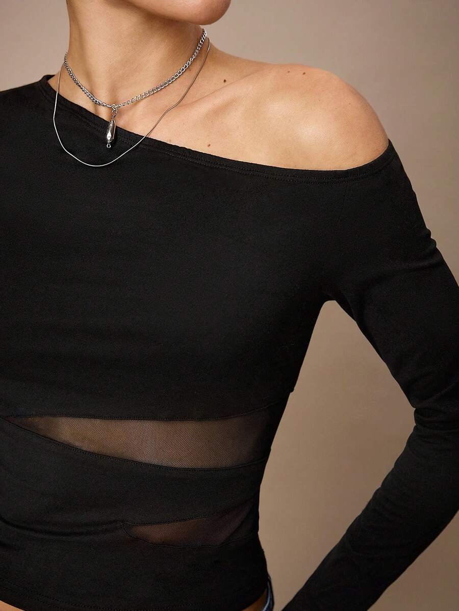 Maija Women's Going Out Black Asymmetric Shoulder Top With Waist Mesh Inset Long Sleeve Mesh Top Black See Through Top Spring Outfit Women Off Shoulder Mesh Valentine's Day Elegant Women's Blouses Spring To Summer - Black - View 1