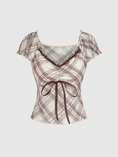 ROMWE J-Fashion Camiseta ajustada con cuello en V de encaje a cuadros vintage Y2K para mujer, primavera/verano