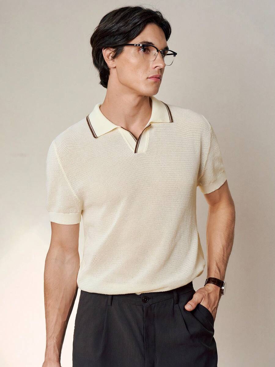 RONVEXI 男士休闲日常通勤简约百搭撞色滚边 Polo 领短袖针织衫，适合度假穿着；百搭男士针织衬衫；男士纽扣 Polo 衫；奶油色男士上衣；男士 Polo 衫；男士针织 Polo 衫；男士 Polo 衫；男士高尔夫球衫 - 杏色 - 查看 1