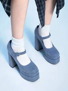 Sugerpunk Tacones altos elegantes y de plataforma impermeables de unicolor para ir al trabajo - Azul - Ver 4