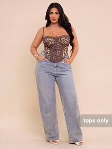 SHEIN BAE Plus Size Women Leopard Print Lace Patchwork Camisole,Top For Women Elegant,Fall Clothes For Women,Autumn Outfits Women,Halloween Costume Women,Winter Clothes For Women,Plus Size Women Clothes,Fall Clothes Plus Size,Elegant,Cheetah Print Bra,Corset - Brown - View 3