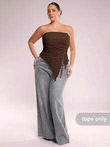 SHEIN BAE Áo ba lỗ buộc dây rút bất đối xứng màu mơ xuân/hè cỡ lớn dành cho nữ, áo crop top họa tiết gợn sóng, áo hai dây gợi cảm, phong cách Y2K thích hợp cho các buổi hẹn hò, đi chơi, lễ hội âm nhạc, trà chiều, tiệc tùng, mùa tốt nghiệp, mùa cưới - Cà phê nâu - Xem 5