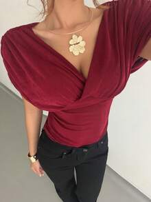 Islaluna 女款優雅酒紅色V領抓皺腰部連身衣，時尚短袖夏季連身衣，適合派對與通勤，紅色女款連身衣 - 玫紅色 - 查看 3