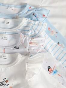 SHEIN 4件套女婴休闲日常百搭芭蕾薄纱裙套装，包含条纹碎花上衣，面料柔软亲肤，超值多件套 - 藍色 - 查看 4