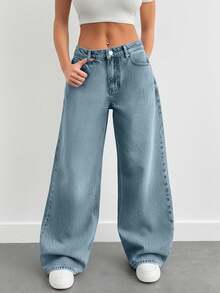 EURMUSE Women's Casual Washed Low Waist Wide Leg Jeans - Baby Blue - View 3