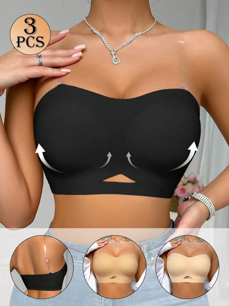 3pcs/Set Women Seamless Wireless Bras, Backless Lace Sheer Bralette, Comfortable Daily Wear - Multicolor - View 1