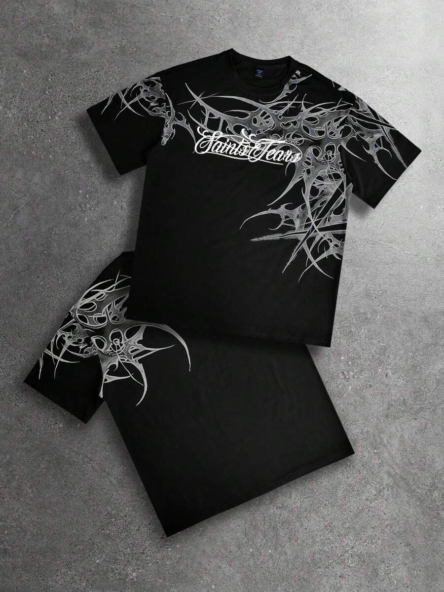 ROMWE MEN Street Life Men's Casual Round Neck Allover Print Short Sleeve T-Shirt, Daily Wear - Black - View 1