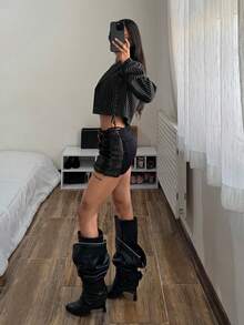 SHEIN HypeZone Áo blazer ngắn tay dây rút kẻ sọc phong cách đường phố dành cho nữ - màu đen - Xem 5