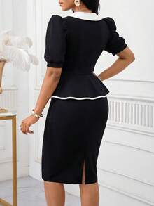 SHEIN Lady Women's Elegant Commuter Puff Sleeve Top And Skirt 2 Pieces Set - Black and White - View 2