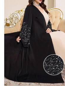 Al Najma Plus Size Women Elegant Rhinestone Embellished Flare Sleeve Abaya Abayas Dubai Luxury Black Abaya - Black - View 3