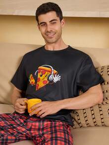 Velminro Men's Cartoon Print Black Crew Neck Short Sleeve Loungewear Top