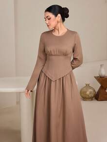 Graceveil Women's Solid Color Round Neck Long Sleeve Ruched Waist Elegant Dress Brown Long Dress Modest Elegant Dress Long Sleeve Dress Brown Dress Women Earth Tone Dress - Brown - View 3