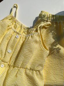 SHEIN 两件套少女休闲甜美度假风荷叶边吊带背心和宽松阔腿裤套装，适合外出、日常、度假、旅行、海滩等场合，春夏款。 - 黃色 - 查看 4