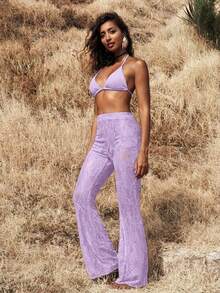Opulessa Vacation Knit Lace High Waist Flare Pants For Women,Spring To Summer, Valentine's Day, Carnival Costume,  Beach Outfit,Summer Vacation Outfits, Casual Mesh Pants - Lilac Purple - View 6