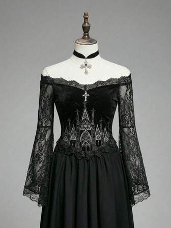 Plus Size Gothic Church Embroidery Off-Shoulder Lace Bell Sleeve Velvet Fitted Blouse For Women