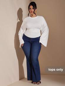 SHEIN BAE 大码休闲纯色褶皱腰部喇叭袖T恤，秋季优雅女式上衣，毕业季女式上衣，派对女式上衣，新年上衣，圣诞节上衣，感恩节女式上衣，冬季女式上衣，红色上衣，生日大码上衣，白色上衣，办公上衣 - 白色 - 查看 5