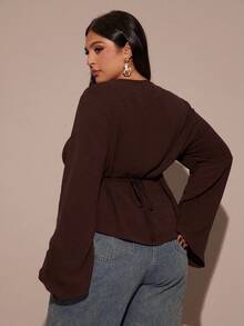 SHEIN BAE Plus Size Women V-Neck Ruched Long Sleeve Top, Autumn/Winter, Christmas For Women ,New Year's For Women, Elegant Top For Party, Beach, Casual, New Years Eve Top, Formal Gowns For Women Evening Elegant, Wedding Top, Birthday Party, Music Festival - Brown - View 2