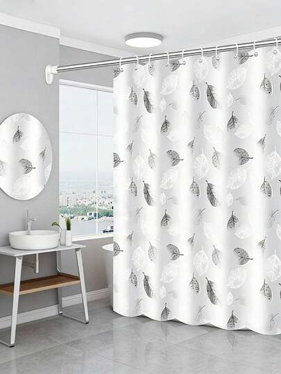1pcMinimalist Leaf Print Shower Curtain, Black White Design For Modern Bathroom Division & Privacy