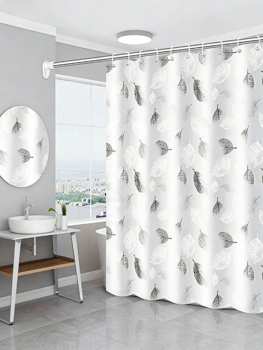 1pcMinimalist Leaf Print Shower Curtain, Black White Design For Modern Bathroom Division & Privacy - Multicolor - View 1