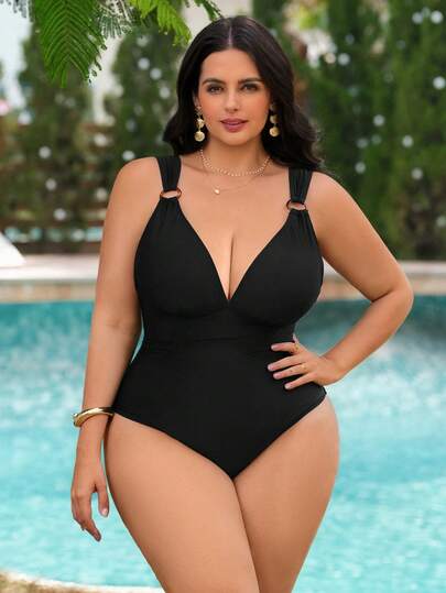 Swim Lushoire 2026 New European And American Style Black Conservative One-Piece Swimsuit, Deep V-Neck, Conceals Side Bust, High Elasticity Slim Fit, Conceals Flaws, Luxurious Quality For Hot Spring, Beach, Vacation