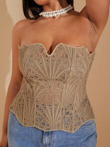 SHEIN BAE 大码秋冬卡其色纹理薄纱花卉蕾丝束身衣，性感束身衣，西部波西米亚风上衣，约会之夜，锐舞派对，夜生活，外出，百搭束身衣，女士束身衣上衣，Y2K风格上衣，情人节，女士情人节礼物 - 卡其色 - 查看 3