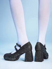 春夏新款女士厚底防水高跟露趾玛丽珍鞋，黑色系带高跟鞋，春季鞋款，春假复活节舞会高跟鞋 - 深灰色 - 查看 8