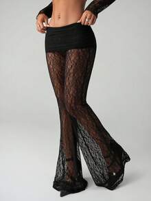 SHEIN ICON Women's Fashionable Sexy Lace Flare Pants,Black Pants