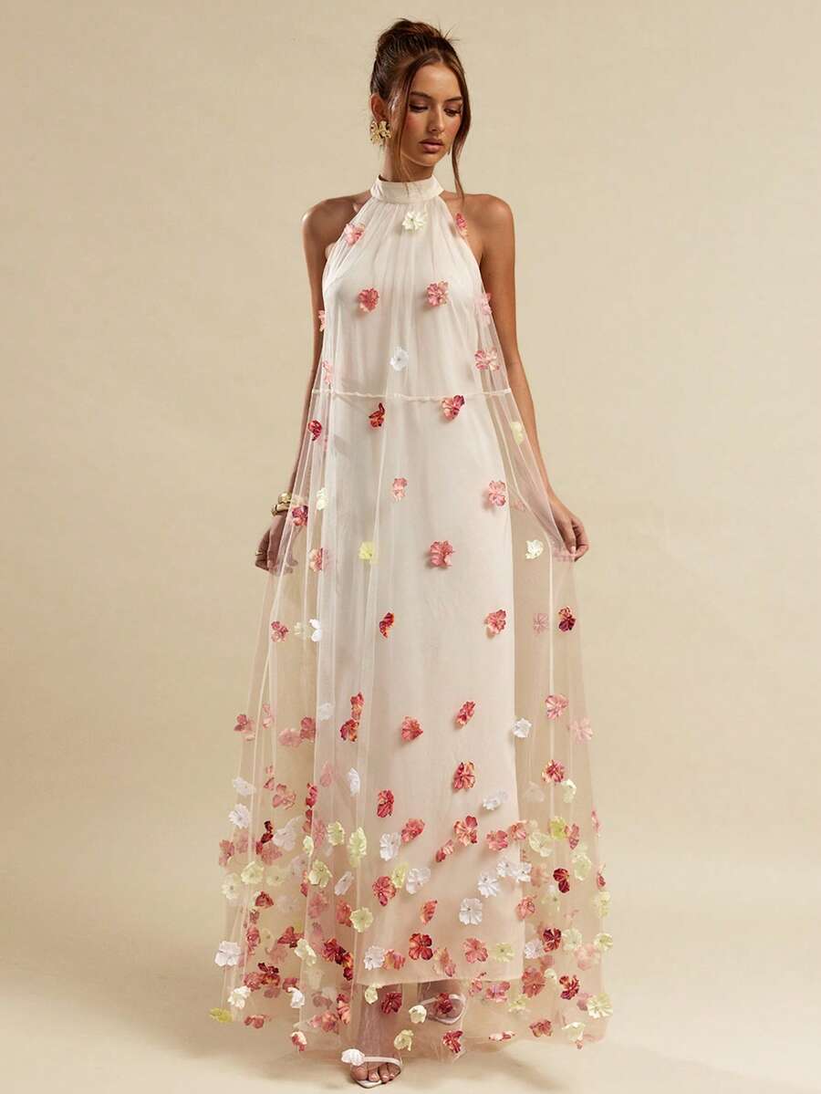SHEIN BAE Apricot Solid Color 3D Floral Decor Cold Shoulder Loose Maxi Dress, Lace Patchwork Long Dress, Wedding Guest Attire, Brunch Dress, Elegant Social Dress, Summer Dress, Date Night Maxi Dress, Birthday Party Gown, Bridesmaid Mini Dress, Beach Vacation Maxi Dress Garden Party Dresses Boho Wedding Guest Dress Long Dress Summer Floral Applique Dress - Apricot - View 1