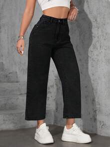 SHEIN ICON Plus Size Women Casual Loose Straight Leg Light Blue Non-Stretch Jeans - Black - View 3