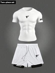 Manfinity Sport Corelite Men's Casual Sports Printed Crew Neck Short Sleeve T-Shirt & Shorts Set Workout Sets Men Athletic Short Set Running Set Sportswear Set Gym Shirt Set