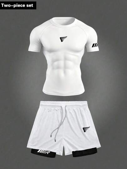 Manfinity Sport Corelite Men's Casual Sports Printed Crew Neck Short Sleeve T-Shirt & Shorts Set Workout Sets Men Athletic Short Set Running Set Sportswear Set Gym Shirt Set