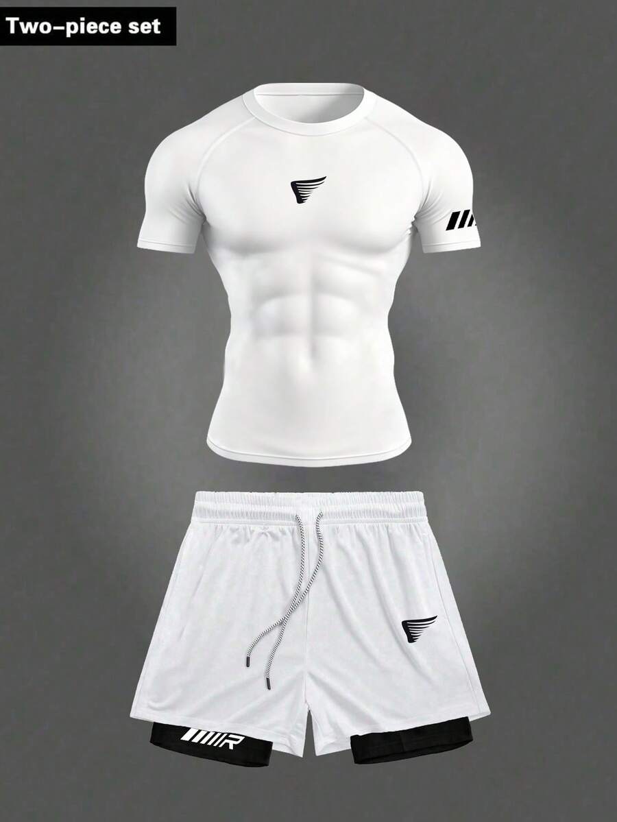 Manfinity Sport Corelite Men's Casual Sports Printed Crew Neck Short Sleeve T-Shirt & Shorts Set Workout Sets Men Athletic Short Set Running Set Sportswear Set Gym Shirt Set