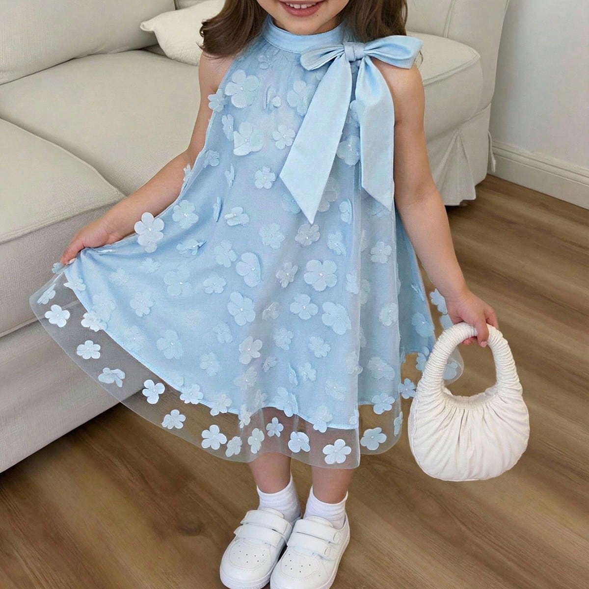 Vestido casual suelto con cuello mao, recortes de malla para niña joven