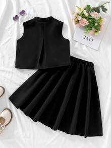 Tween Girls Solid Color Sleeveless T-Shirt & Pleated Skirt Set - Black - View 2