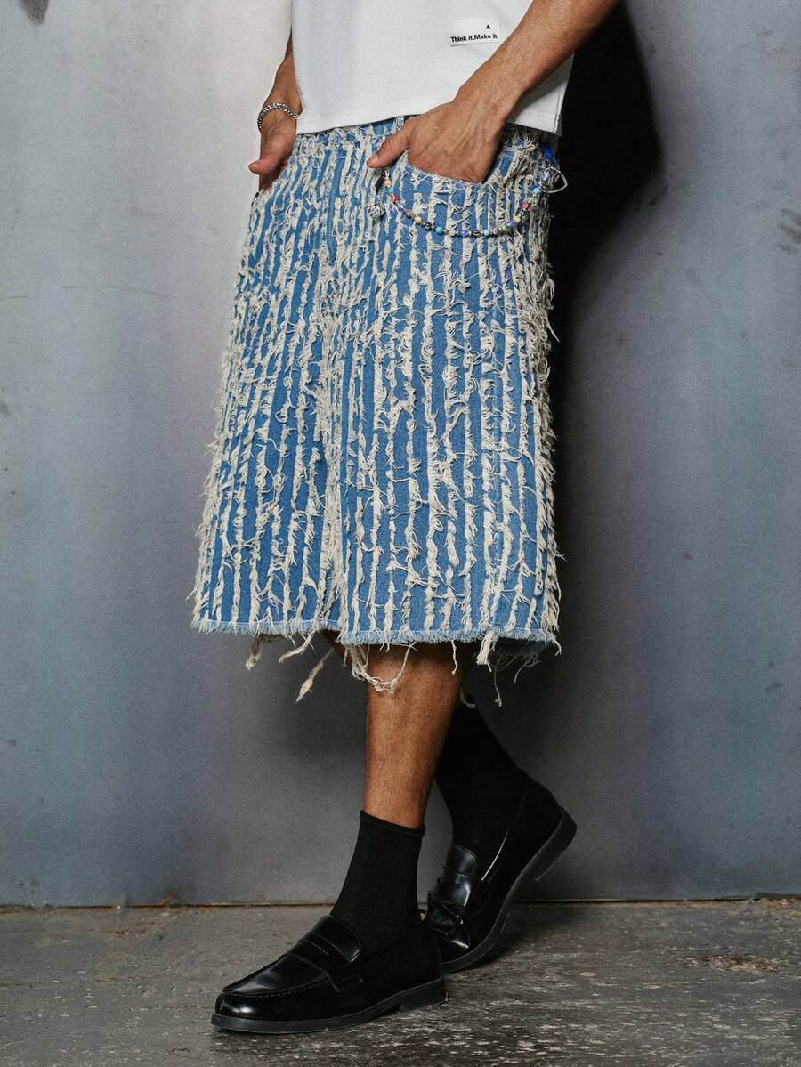 PAVTROS Quần short denim ống rộng, gấu quần rách, phong cách thường ngày mùa hè dành cho nam, kiểu dáng đường phố, thích hợp cho kỳ nghỉ. - Màu xanh lam - Xem 1