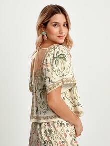 CAJUNI 女士休闲度假水彩花卉棕榈树印花方领短袖可爱上衣，适合户外穿着 - 黃色 - 查看 6