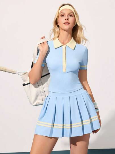 CourtClass 休闲百搭撞色上衣，纽扣短袖修身半裙，撞色褶裥腰带，修身显瘦运动套装