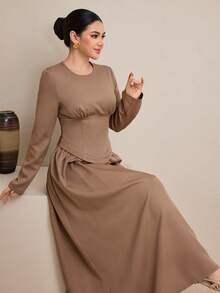 Graceveil Women's Solid Color Round Neck Long Sleeve Ruched Waist Elegant Dress Brown Long Dress Modest Elegant Dress Long Sleeve Dress Brown Dress Women Earth Tone Dress - Brown - View 7