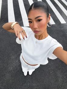 Muchica 2PCS Women's Summer Suit, Waffle Knit Casual Suit, Round Neck Batwing Sleeve Short-Sleeved T-Shirt Paired With White Casual Pants White Matching Set 2 Piece Casual Sets Woman Two Piece White Set Women Comfortable Two Piece Set - White - View 5