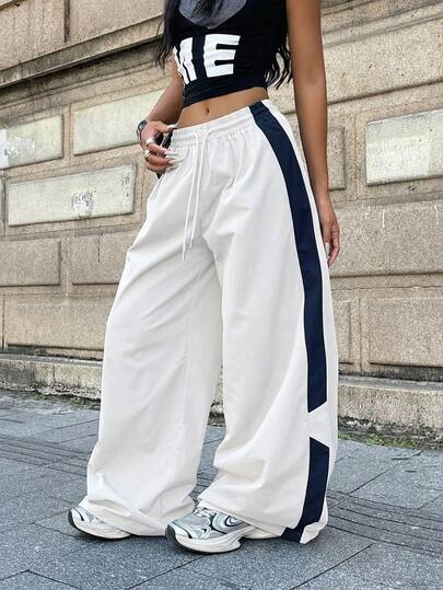 Coolane 女士春夏街头风演唱会锐舞节外出运动复古Y2K撞色白色宽松阔腿裤