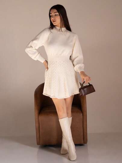 Andrea Bello Hög krage, lanternärm, åtdragen midja, A-linjeformad midistickad klänning, avslappnad elegant kontorsklänning för dam