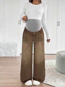 SHEIN 孕妇针织托腹宽松直筒牛仔裤 - 棕色 - 查看 4