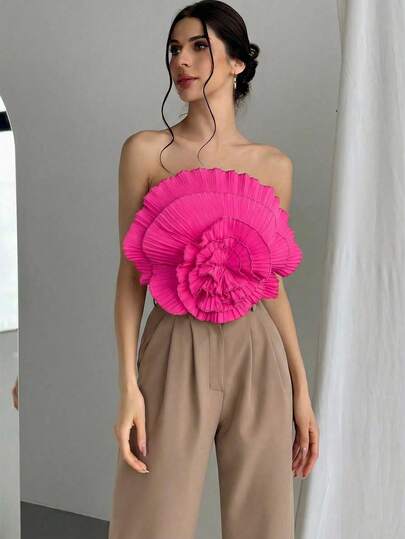 Aloruh Elegante top de tirantes con volantes y flores 3D, ideal para el verano